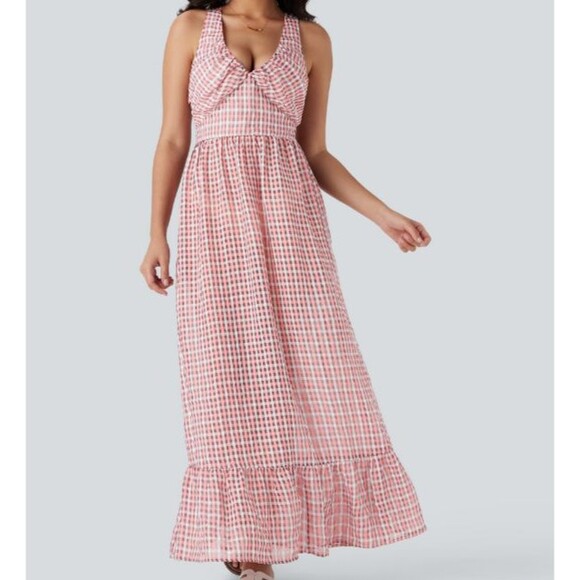 Halara Pink Multi Plaid Lightweight Flowy Ruffled Hem V Neck Dress Size Small - Picture 9 of 9